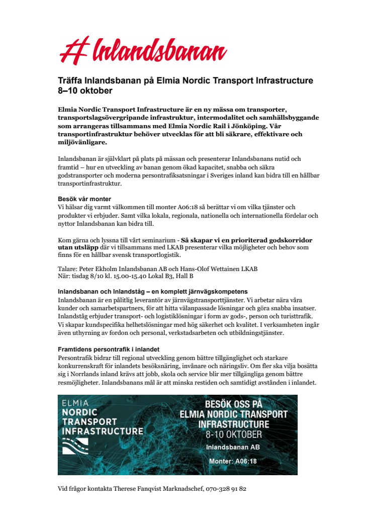 Träffa Inlandsbanan på Elmia Nordic Transport Infrastructure 8–10 oktober