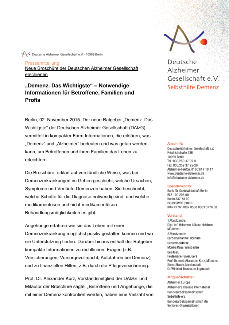 Neue Broschüre der Deutschen Alzheimer Gesellschaft: „Demenz. Das Wichtigste“ 