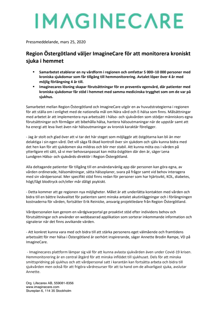 Region Östergötland väljer ImagineCare för att monitorera kroniskt sjuka i hemmet