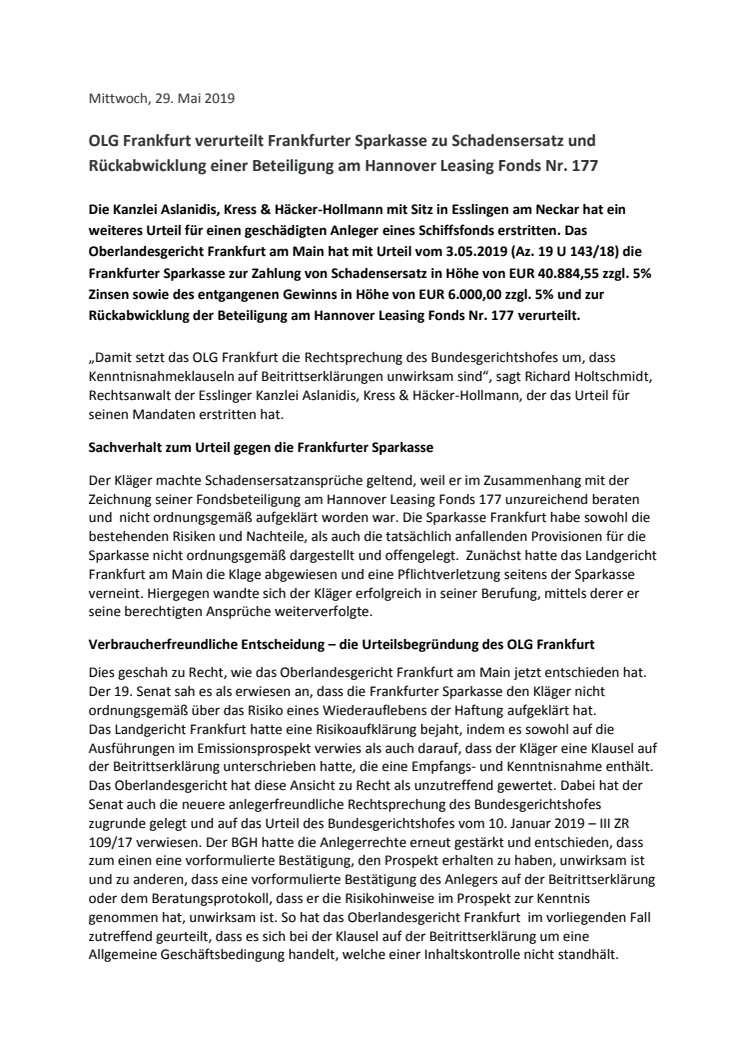 OLG Frankfurt verurteilt Frankfurter Sparkasse zu Schadensersatz und Rückabwicklung einer Beteiligung am Hannover Leasing Fonds Nr. 177