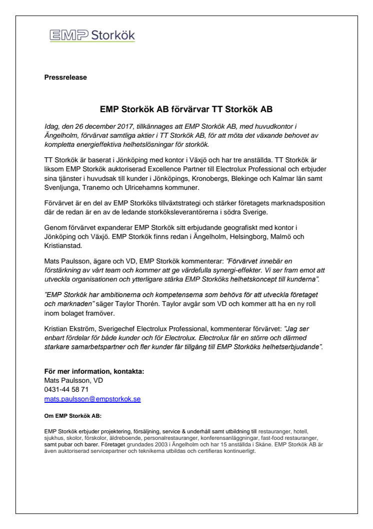 EMP Storkök AB förvärvar TT Storkök AB