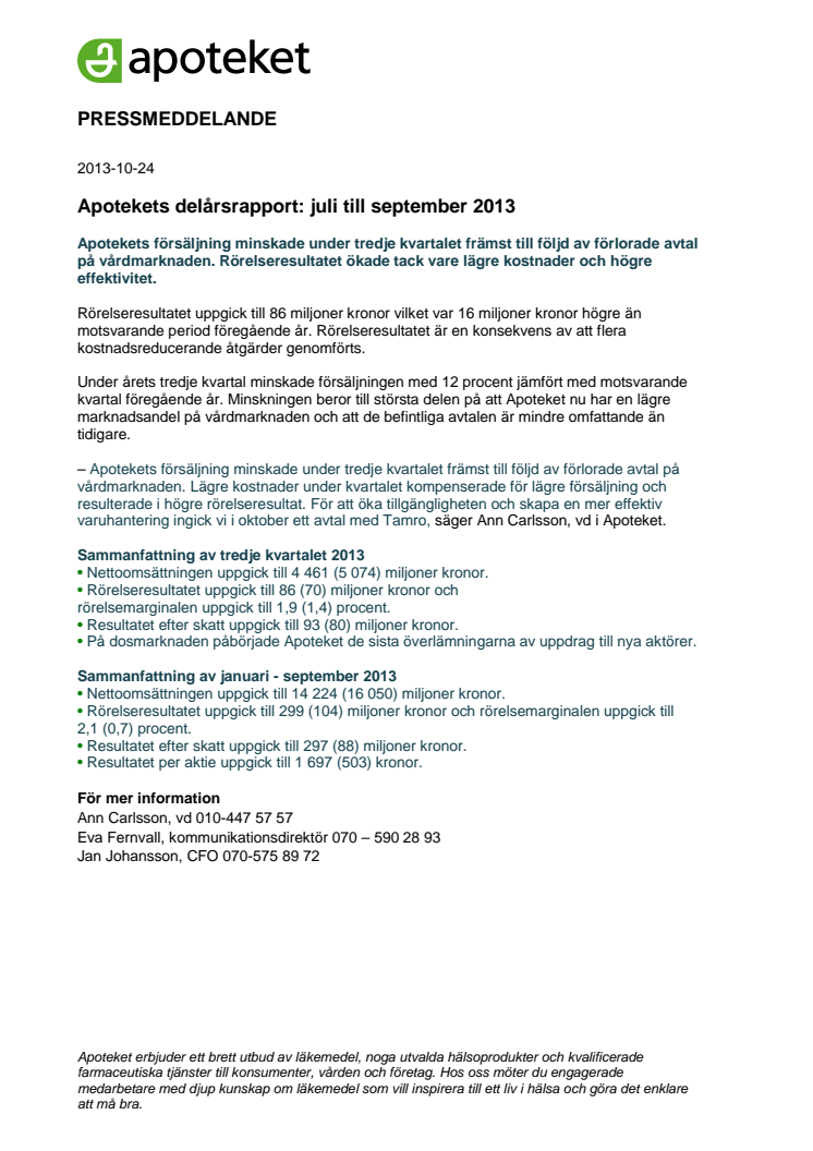 Apotekets delårsrapport: juli till september 2013
