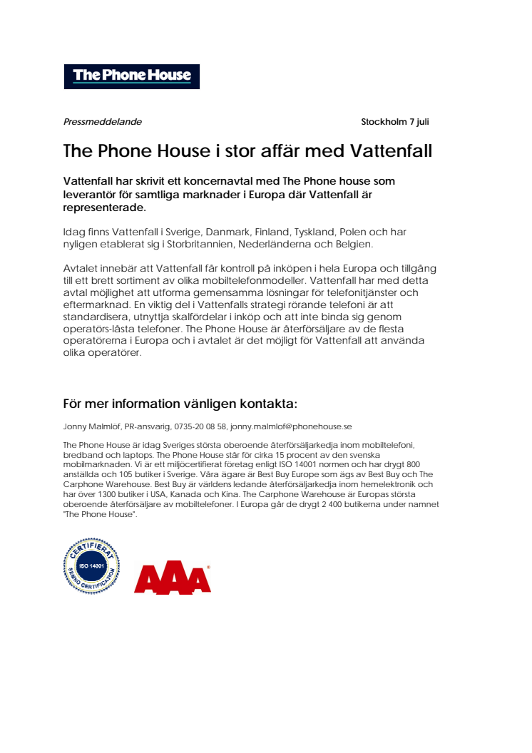 The Phone House i stor affär med Vattenfall