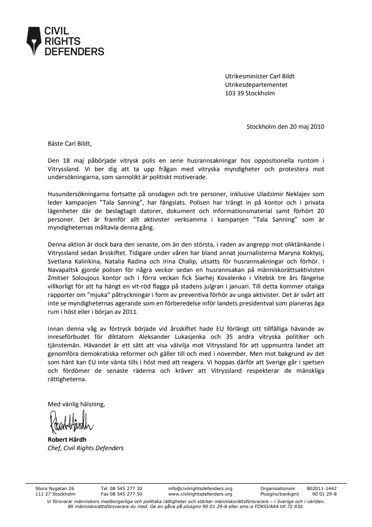 Brev till Carl Bildt
