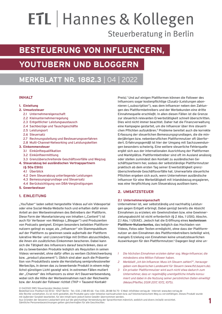 Merkblatt Besteuerung von Influencern, Youtubern und Bloggern