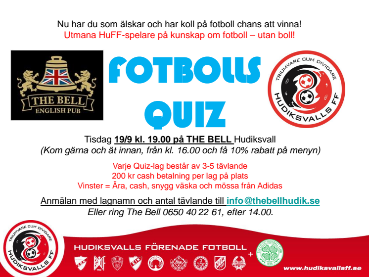 FotbollsQuiz 19 sep kl. 19.00 på The Bell!