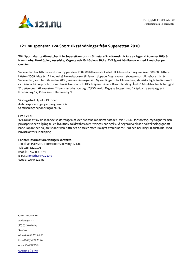 121.nu sponsrar TV4 Sport rikssändningar från Superettan 2010
