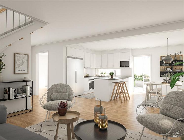 3D-illustration över kök/vardagsrum i Smart 150 - Ödåkra