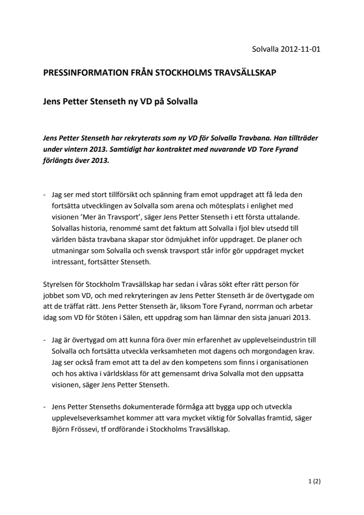 Jens Petter Stenseth ny VD på Solvalla
