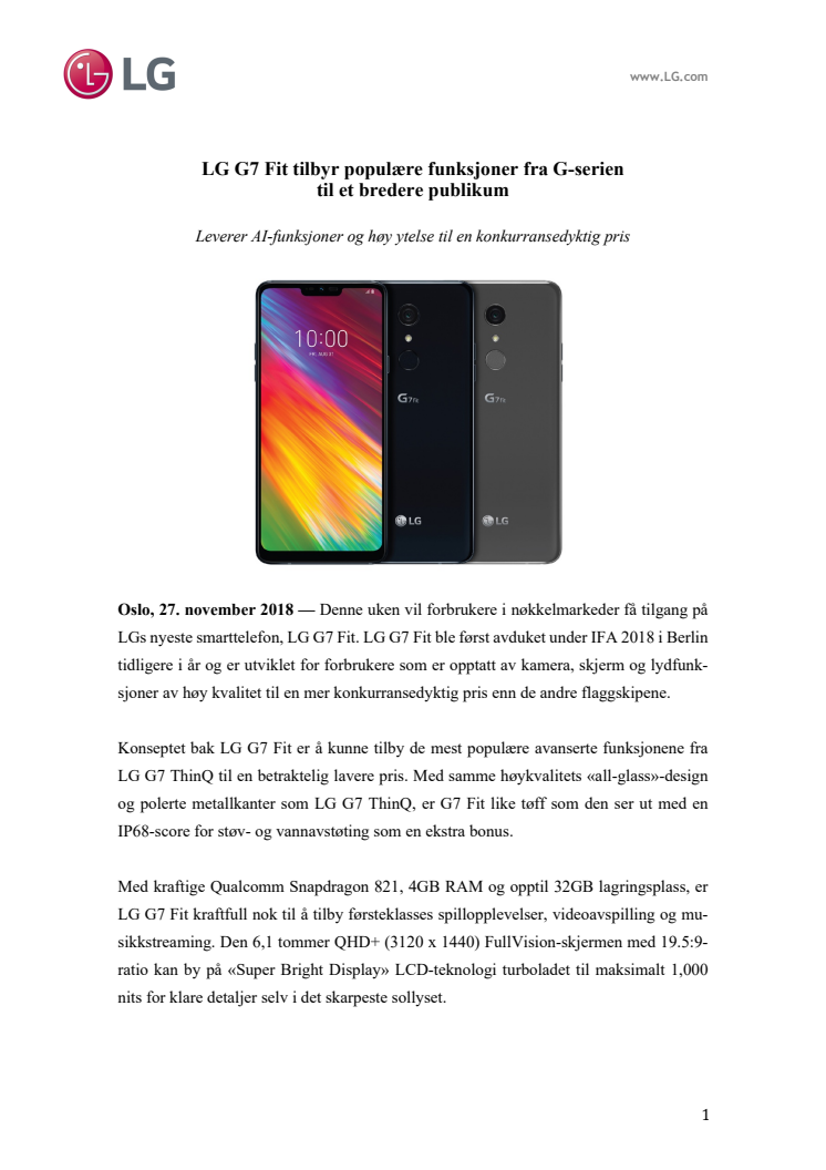 LG G7 Fit tilbyr populære funksjoner fra G-serien  til et bredere publikum