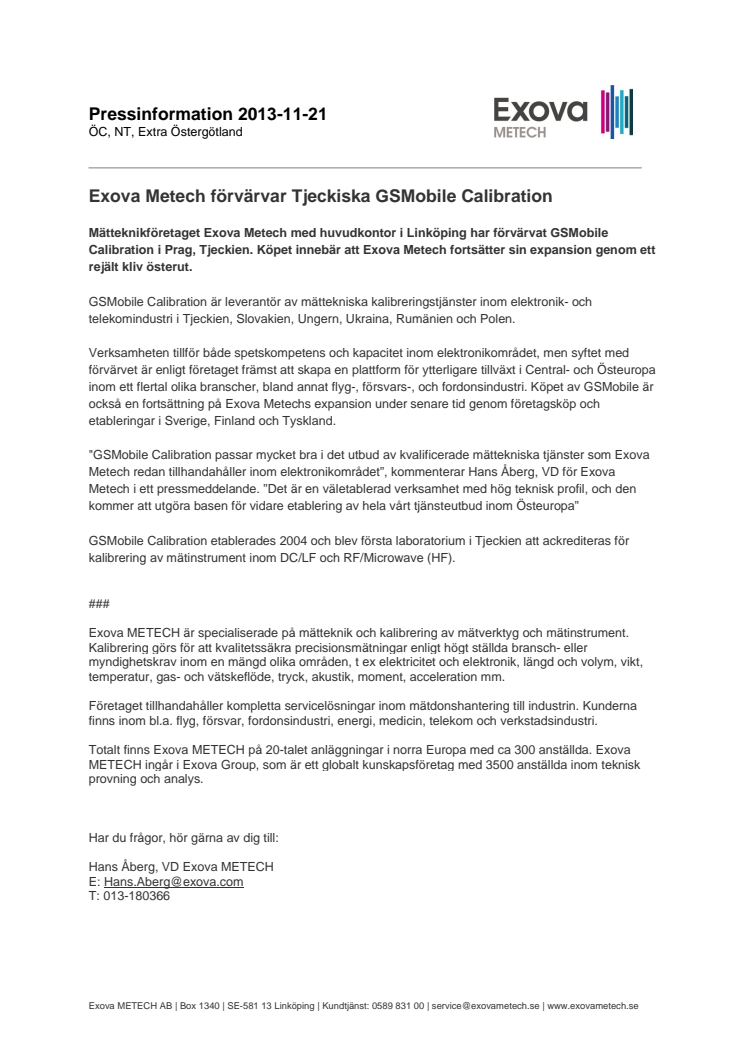 Exova Metech förvärvar Tjeckiska GSMobile Calibration