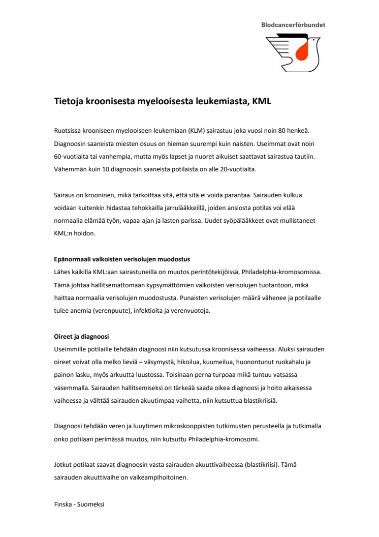 KML-fakta, Finska: Tietoja kroonisesta myelooisesta leukemiasta, KML