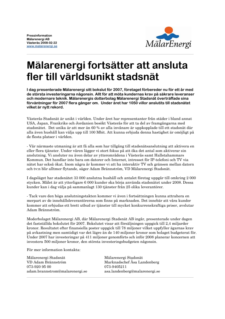 Mälarenergi fortsätter att ansluta fler till världsunikt stadsnät