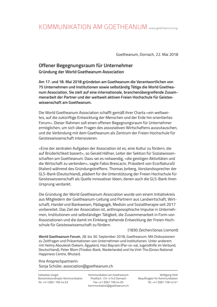 Offener Begegnungsraum für Unternehmer. ​Gründung der World Goetheanum Association