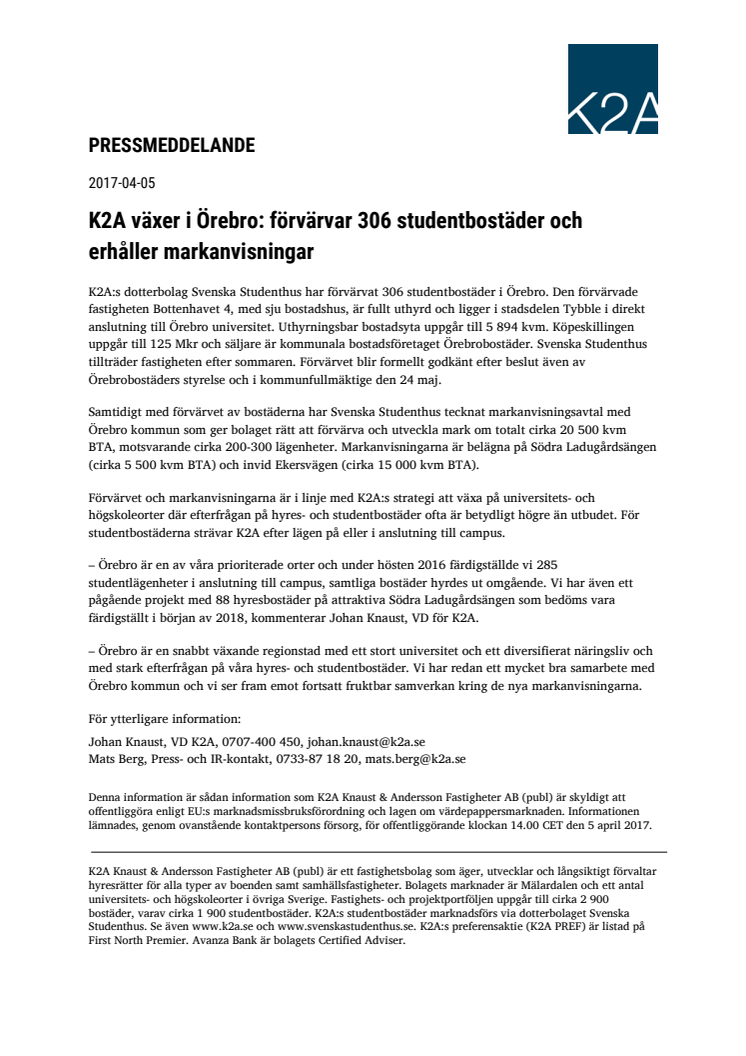 K2A växer i Örebro: förvärvar 306 studentbostäder och erhåller markanvisningar