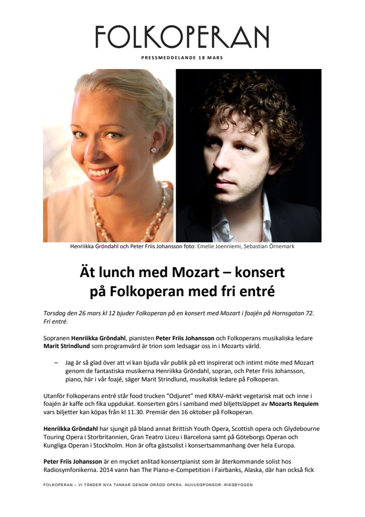 Ät lunch med Mozart – konsert  på Folkoperan med fri entré
