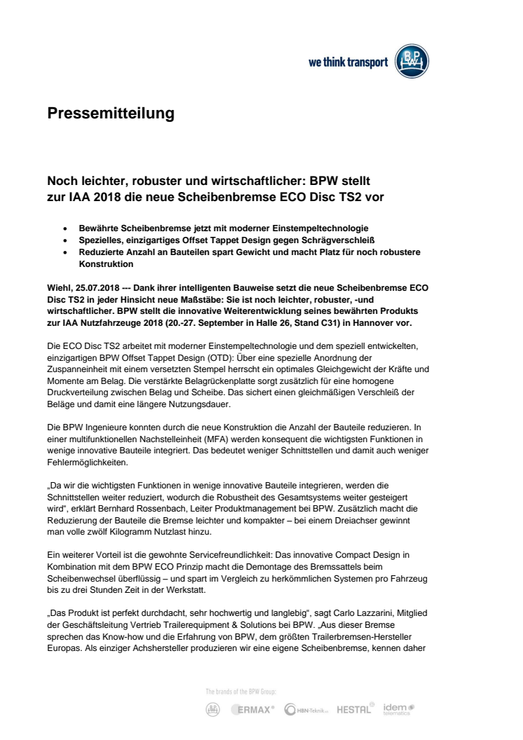 Noch leichter, robuster und wirtschaftlicher: BPW stellt  zur IAA 2018 die neue Scheibenbremse ECO Disc TS2 vor