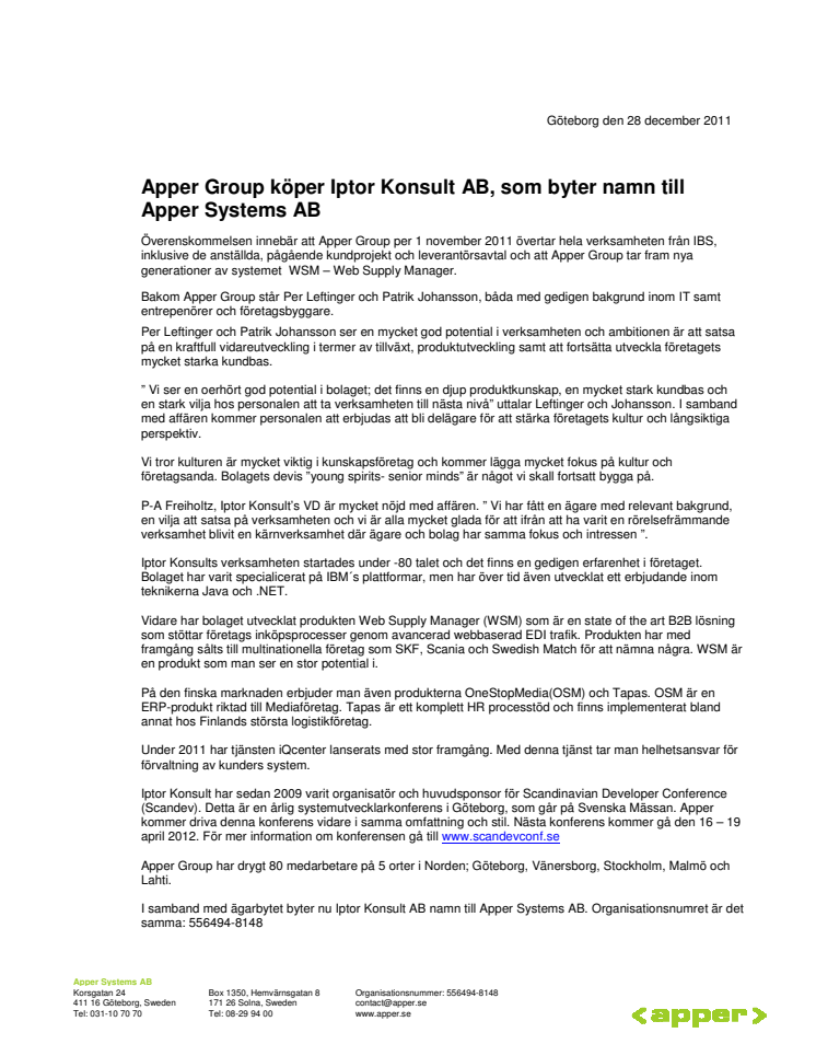 Apper Group köper Iptor Konsult AB, som byter namn till Apper Systems AB