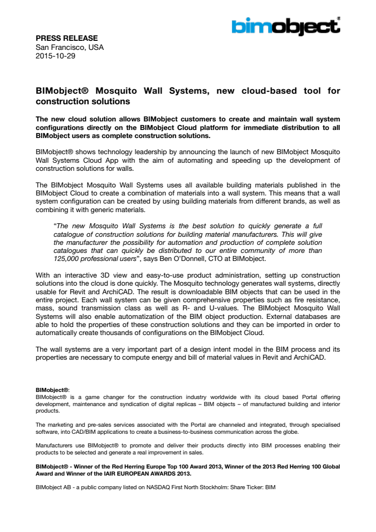 BIMobject® Mosquito Wall Systems, new cloud-based tool for construction solutions