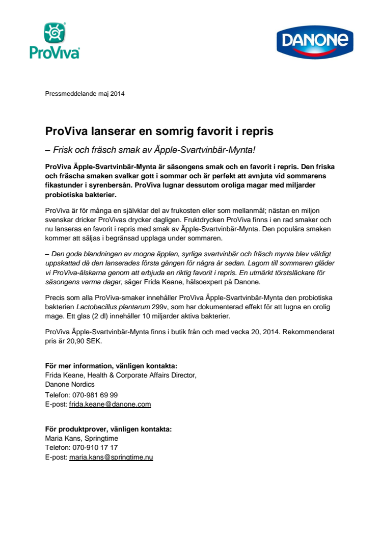 ProViva lanserar en somrig favorit i repris - Frisk och fräsch smak av Äpple-Svartvinbär-Mynta!