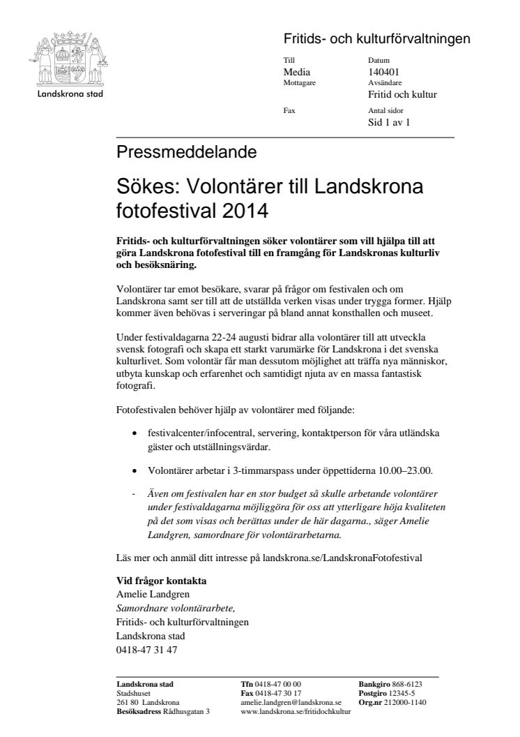 Sökes: Volontärer till Landskrona fotofestival 2014