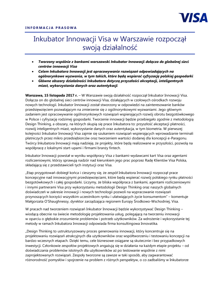 Inkubator Innowacji Visa w Warszawie rozpoczął swoją działalność