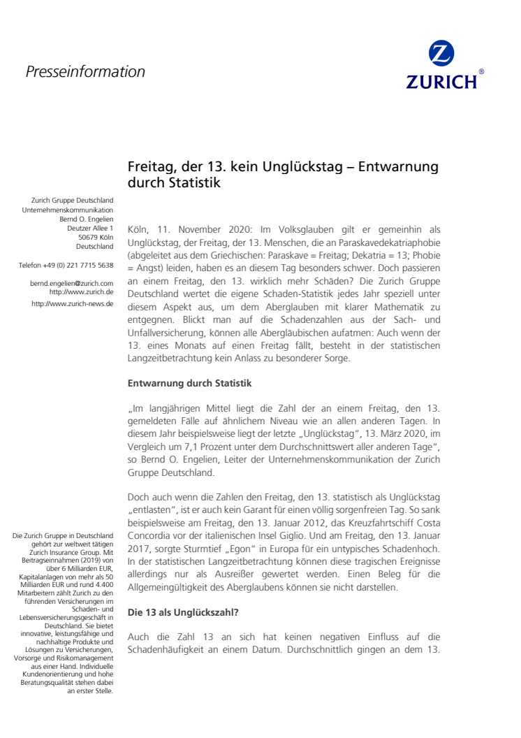 Freitag, der 13. kein Unglückstag – Entwarnung durch Statistik