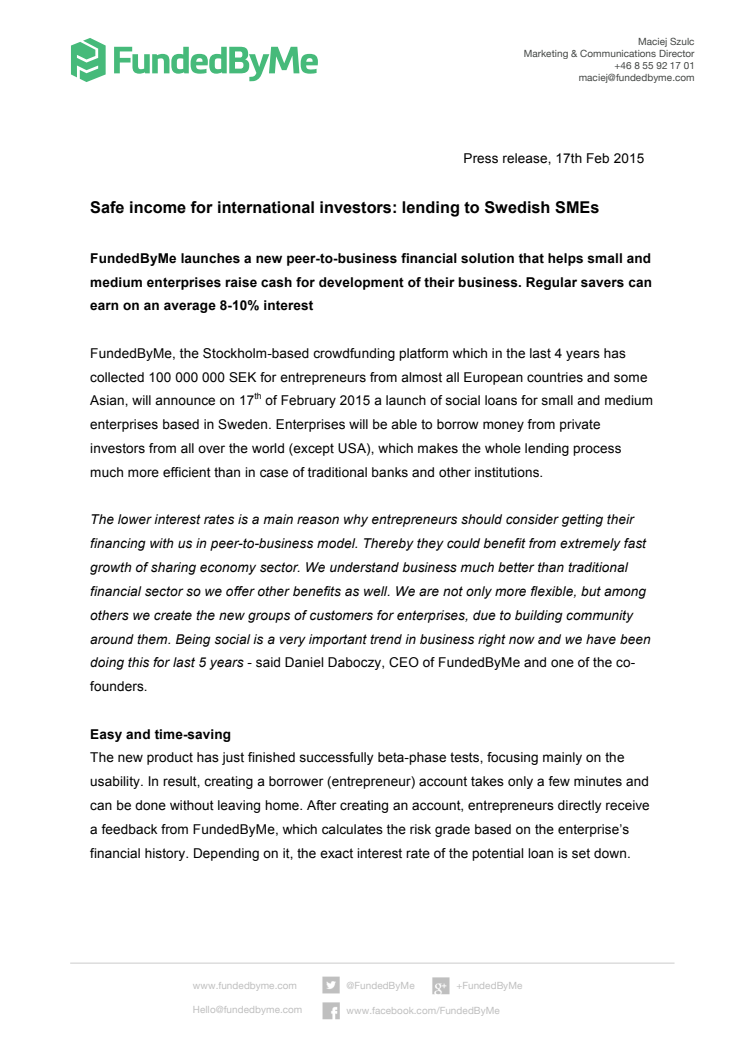 Safe income for international investors: lending to Swedish SMEs
