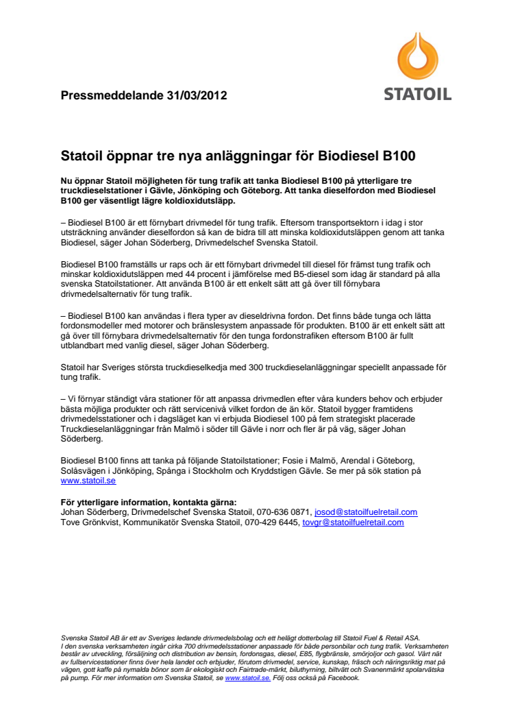 Statoil öppnar tre nya anläggningar för Biodiesel B100