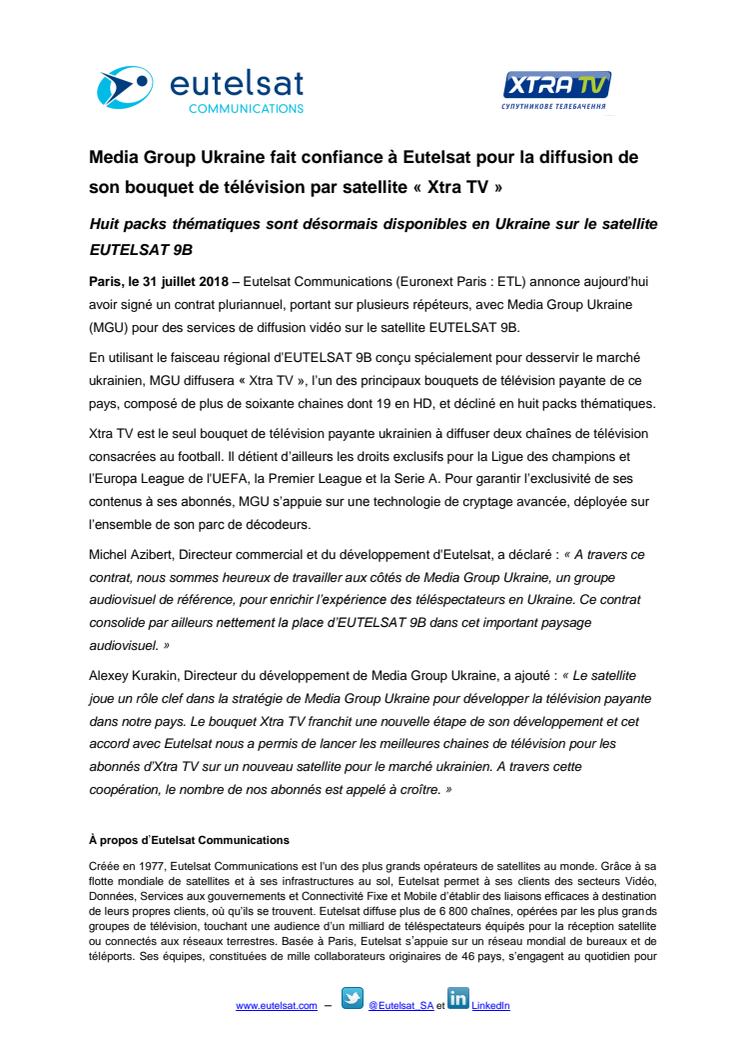 Media Group Ukraine fait confiance à Eutelsat pour la diffusion de son bouquet de télévision par satellite « Xtra TV »