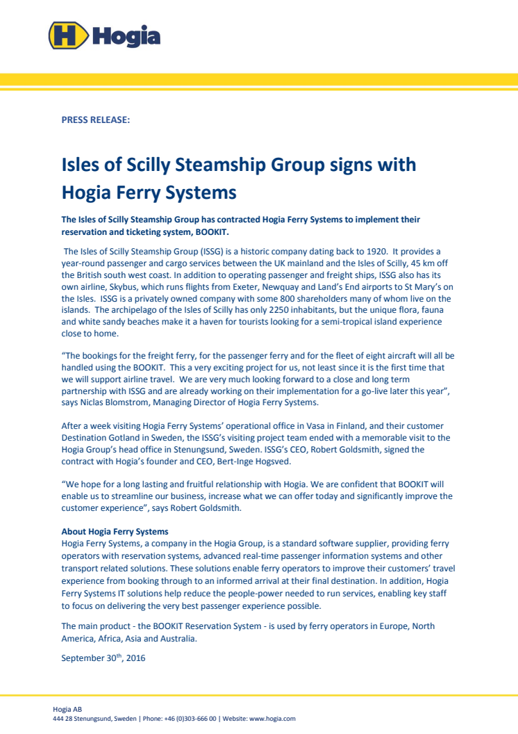 Isles of Scilly Steamship Group signs with Hogia Ferry Systems