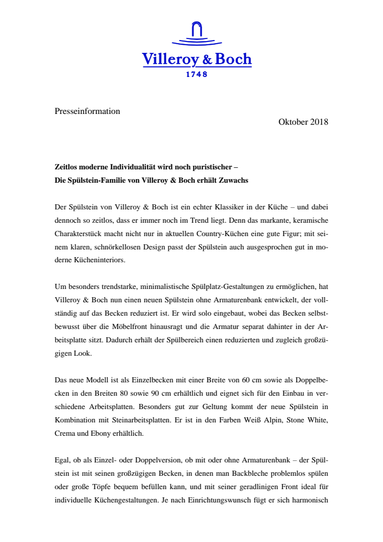 Zeitlos moderne Individualität wird noch puristischer – Die Spülstein-Familie von Villeroy & Boch erhält Zuwachs