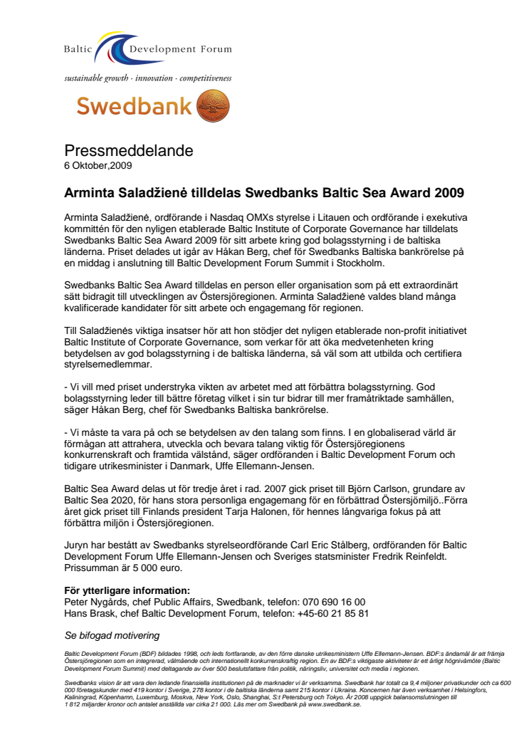Swedbank Baltic Sea Award 2009 pressmeddelande svenska