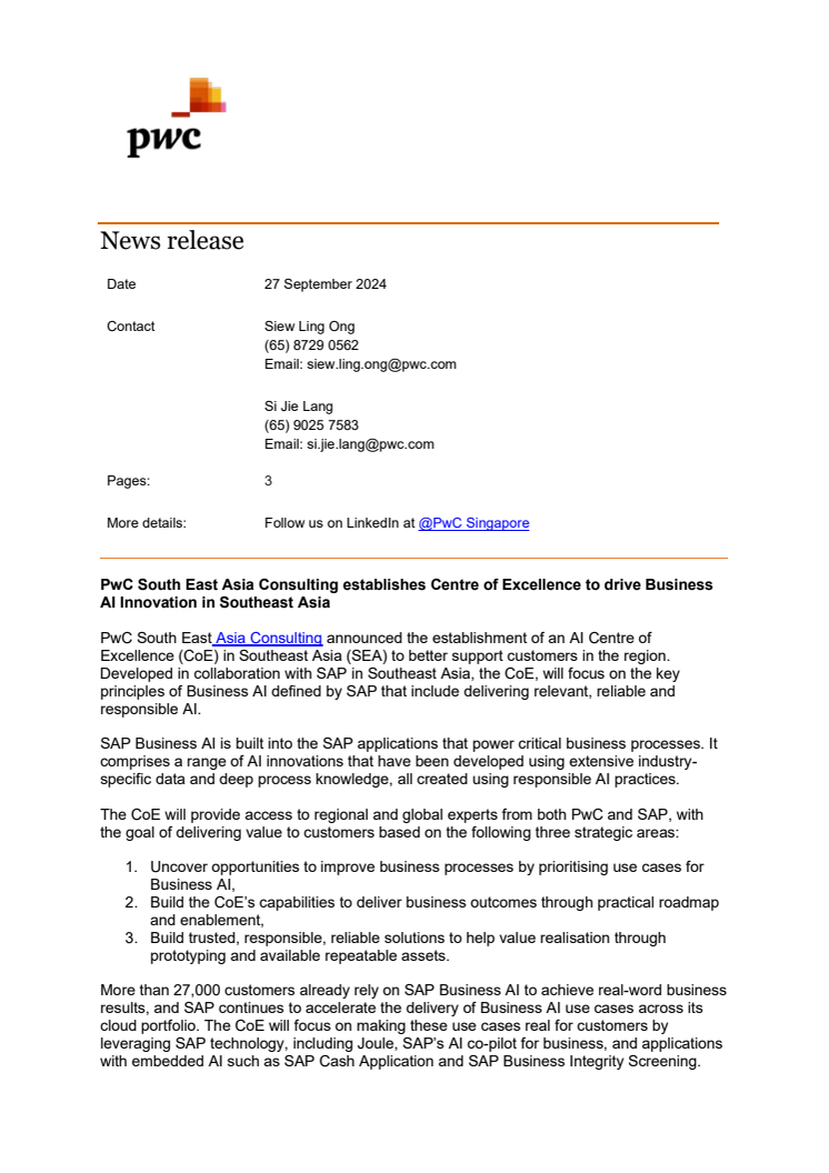 Press release_​​​PwC South East Asia Consulting establishes Centre of Excellence to drive Business AI Innovation in Southeast Asia .pdf