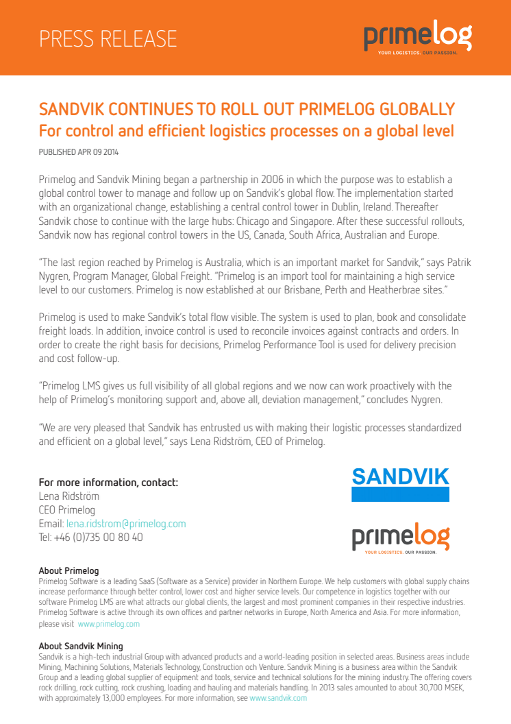 Sandvik continues to roll out primelog globally - for control and efficient logistics processes on a global level