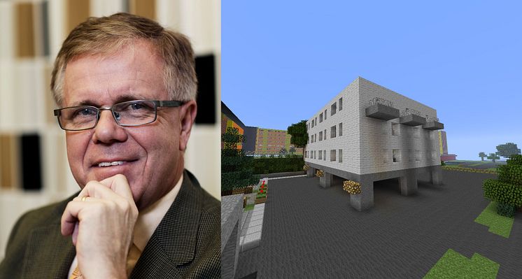 Erik Hellqvist, vd Svensk Byggtjänst och en Minecraftmodell över Fisksätra