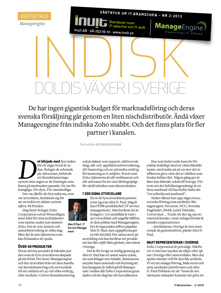 Reportage i IT.Branschen - Indisk doldis (ManageEngine) växer i Sverige