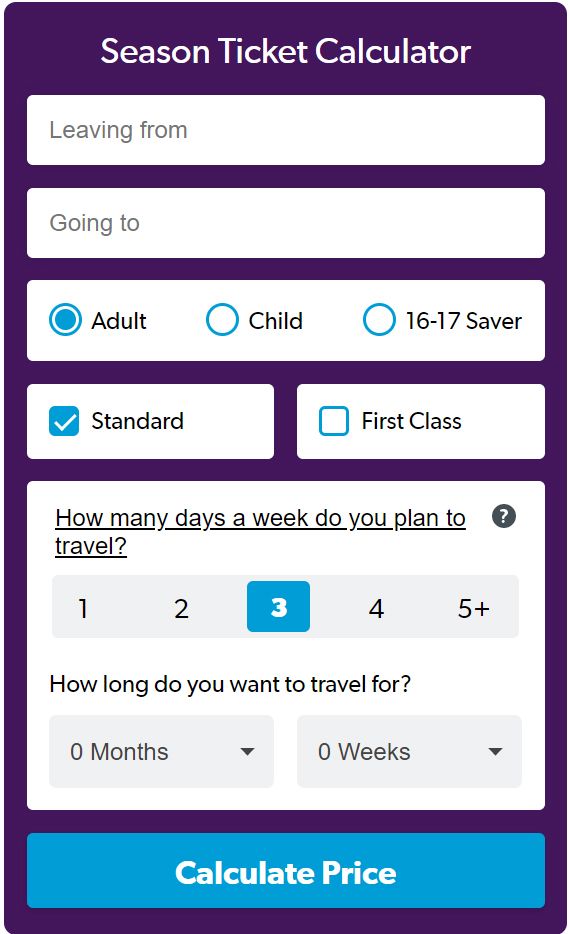 Great Northern Season Ticket Calculator no stations selected