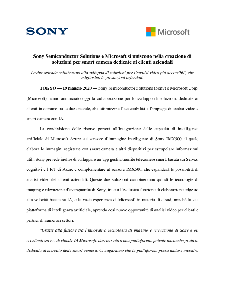 Sony Semiconductor Solutions e Microsoft si uniscono nella creazione di soluzioni per smart camera dedicate ai clienti aziendali