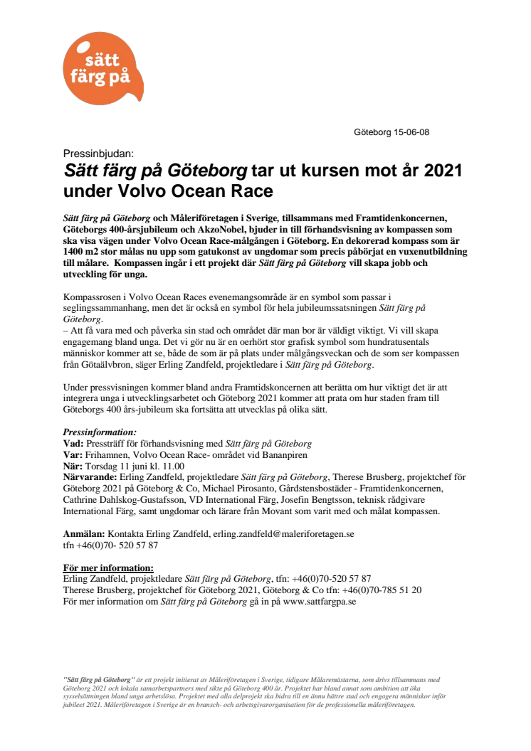 Pressinbjudan till Frihamnen: "Sätt färg på Göteborg" tar ut kursen mot år 2021 under Volvo Ocean Race