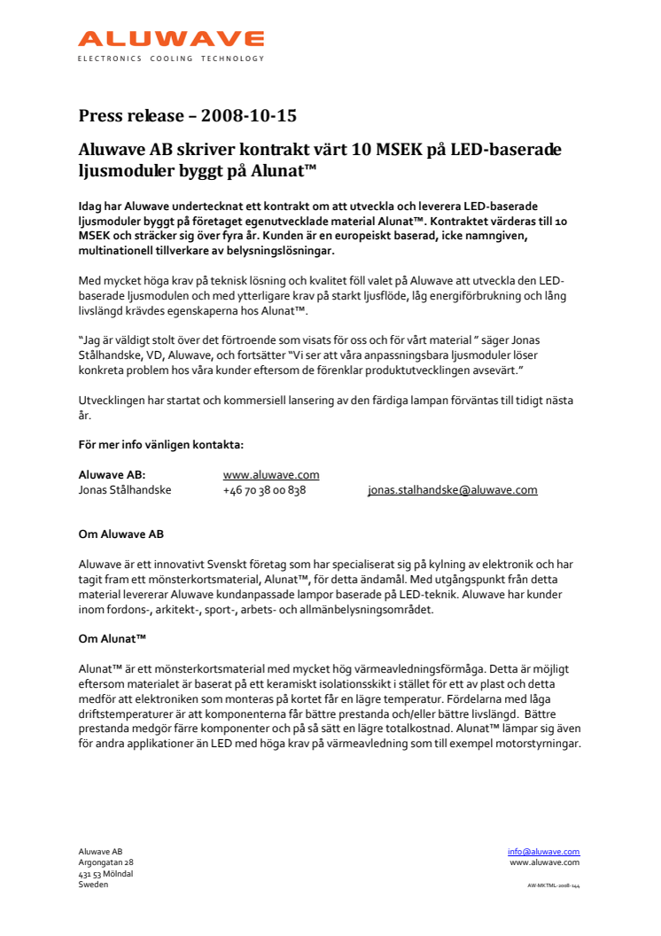 Aluwave AB skriver kontrakt värt 10 MSEK på LED-baserade ljusmoduler byggt på Alunat™