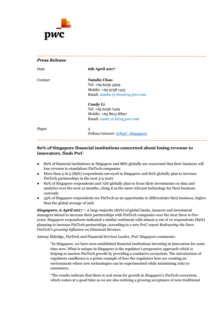 80% of Singapore financial institutions concerned about losing revenue to innovators, finds PwC
