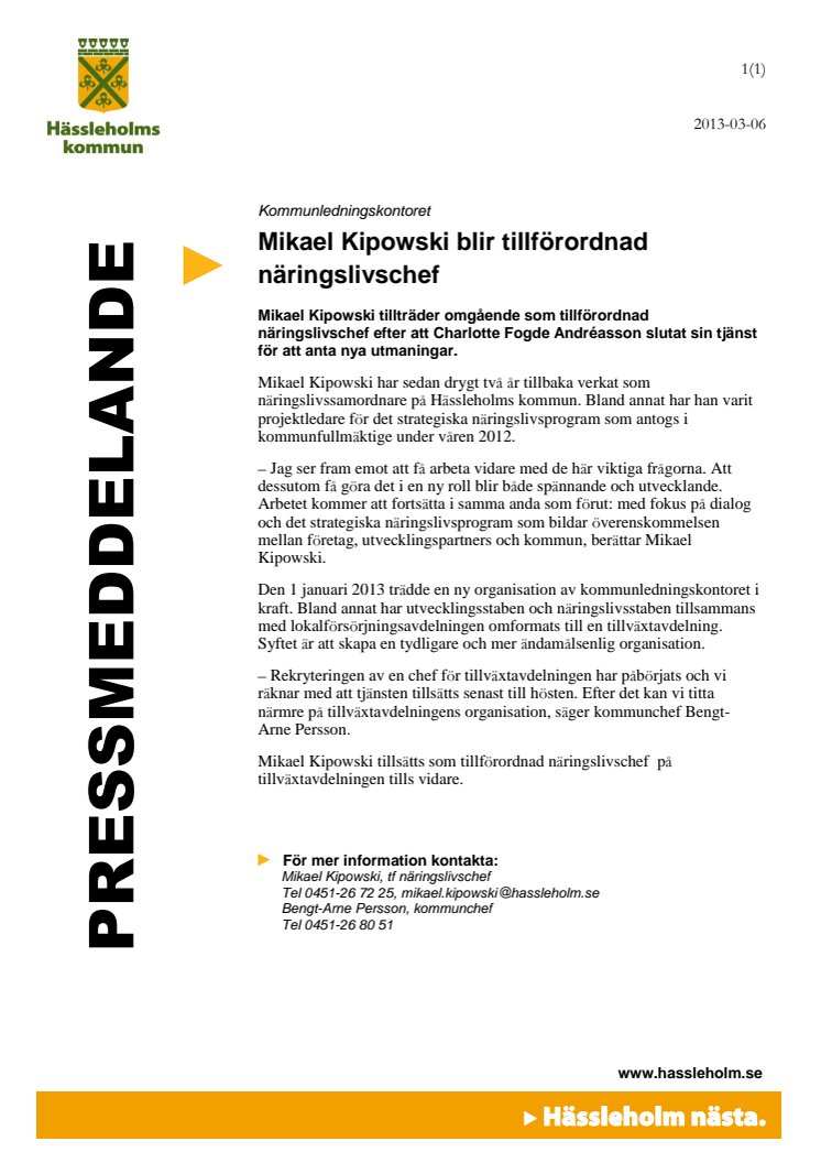 Mikael Kipowski blir tillförordnad näringslivschef