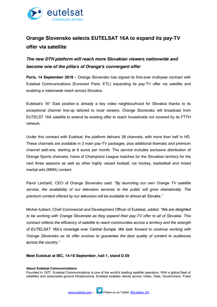 ​Orange Slovensko selects EUTELSAT 16A to expand its pay-TV offer via satellite