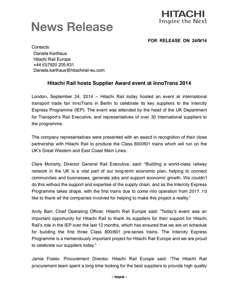Hitachi Rail hosts Supplier Award event at InnoTrans 2014