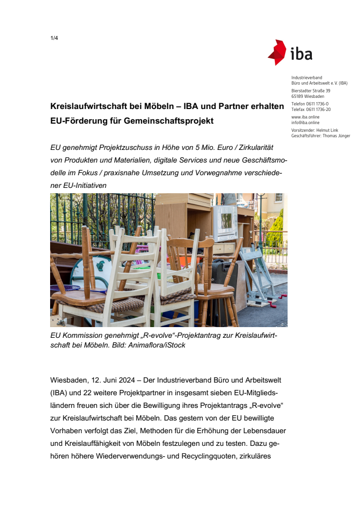 Pressemitteilung: Kreislaufwirtschaft bei Möbeln – IBA und Partner erhalten EU-Förderung für Gemeinschaftsprojekt