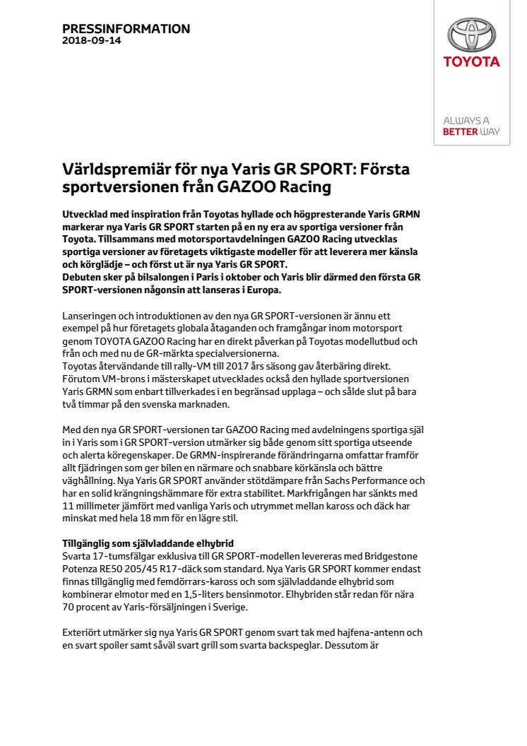 Världspremiär för nya Yaris GR SPORT: Första sportversionen från GAZOO Racing