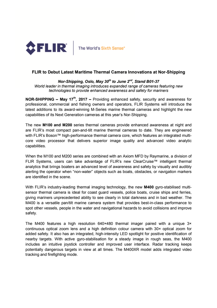 FLIR to Debut Latest Maritime Thermal Camera Innovations at Nor-Shipping