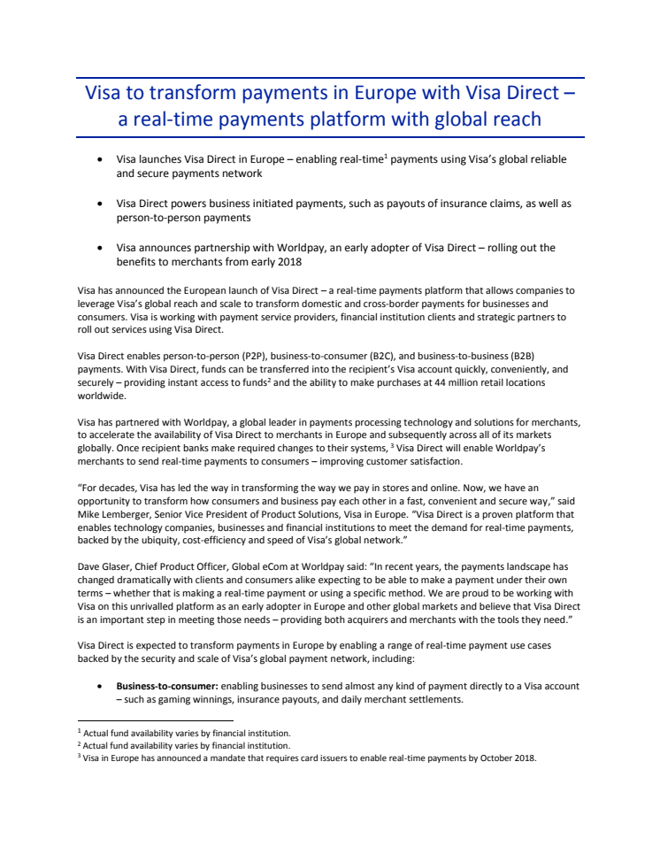 Visa to transform payments in Europe with Visa Direct – a real-time payments platform with global reach