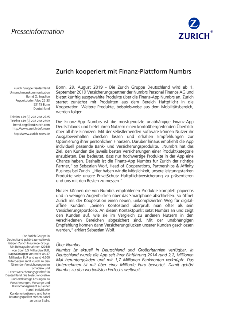 Zurich kooperiert mit Finanz-Plattform Numbrs